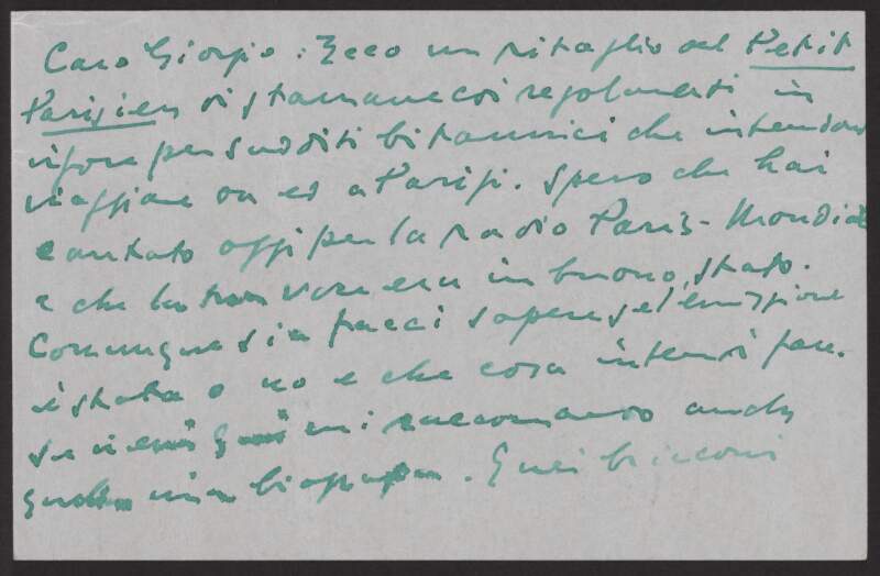 I.i.45. Card: from James Joyce, Hôtel Beaujolais, Vichy to Giorgio Joyce,