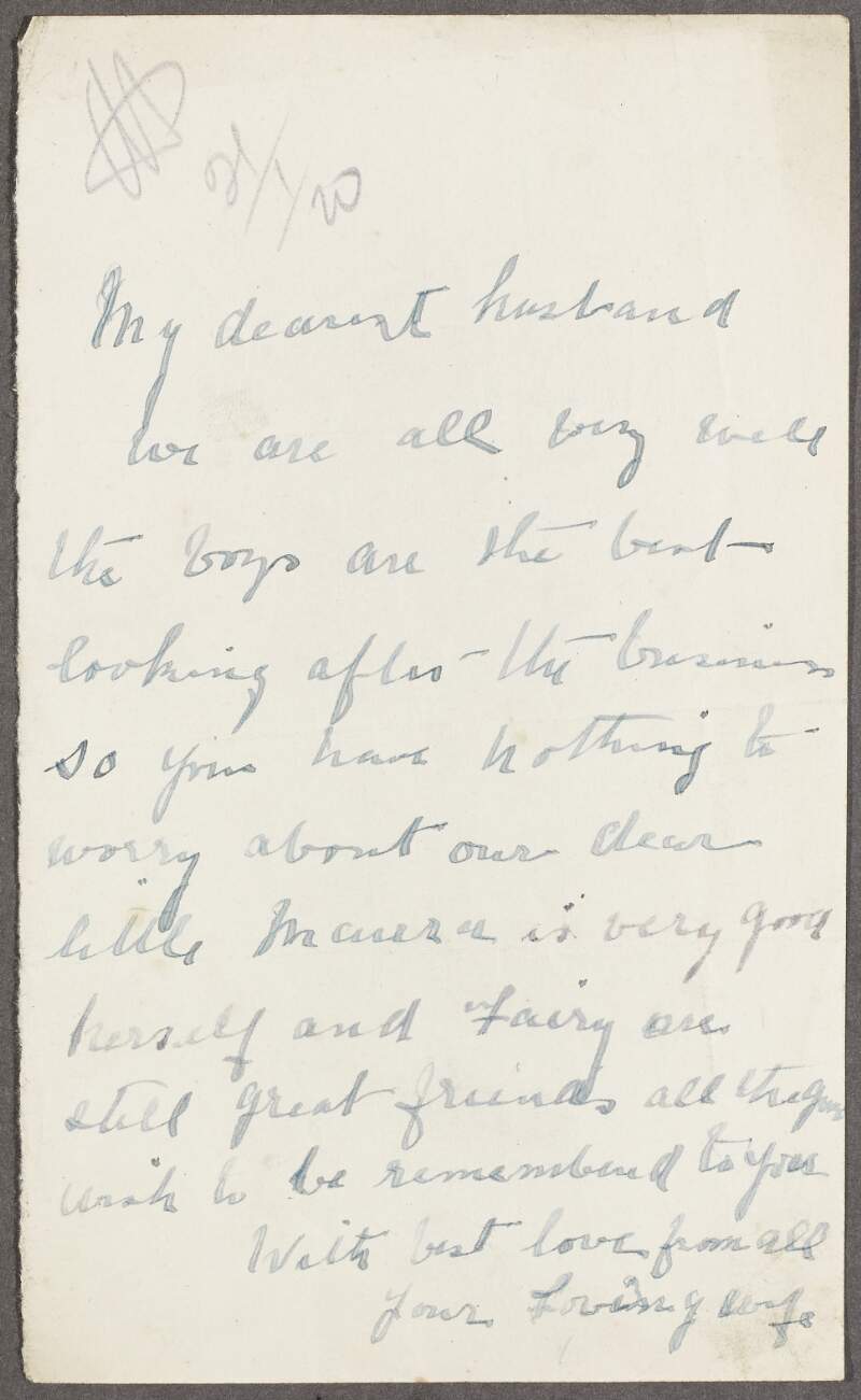 Letter to William J. Gogan in Mountjoy Prison from his wife Ellen giving him news of his family,