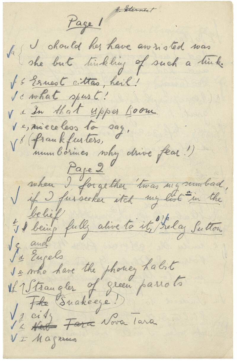 II.i.34. Manuscript note for part of Book III, Episode 3, of "Work in Progress" for 'transition' ("Page 1 I should her have awristed")