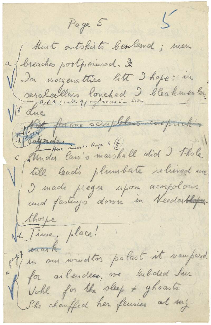 II.i.36. Manuscript note: for part of Book III, Episode 3, of "Work in Progress" for 'transition' ("Page 5 Mint outskirts benlewd")