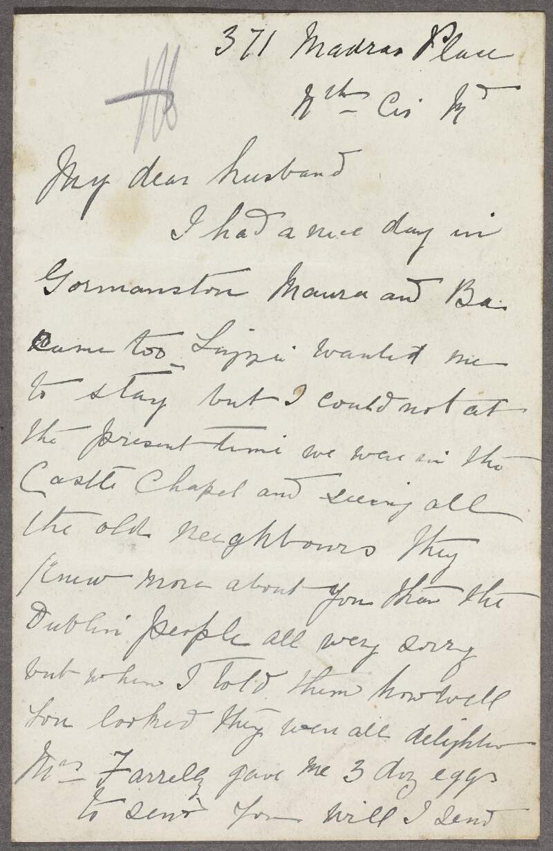 Letter to William J. Gogan in Mountjoy Prison from his wife Ellen [Mary Ellen] Gogan regarding a trip to Gormanston, Co. Meath,
