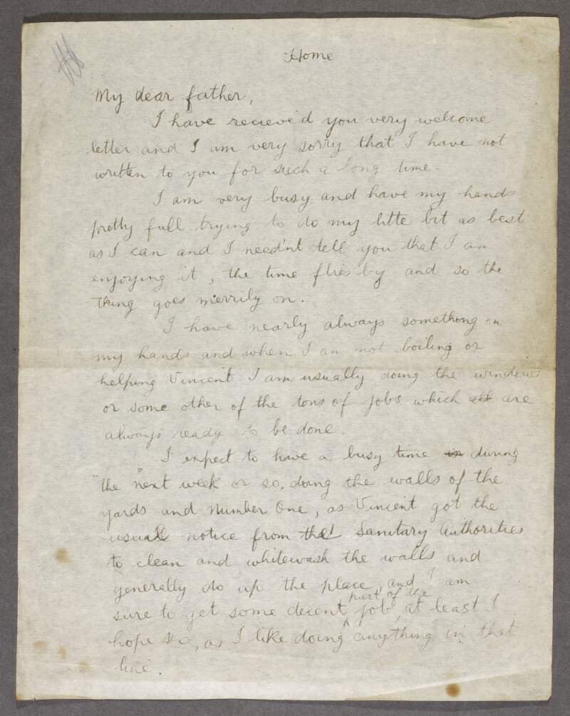 Letter to William J. Gogan in Mountjoy Prison from his son Eddie Gogan about assisting the family business in the absence of their father,