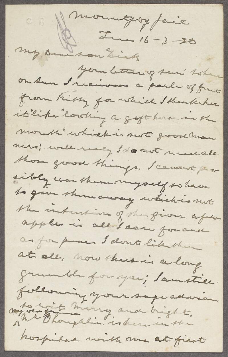 Letter from William J. Gogan, Mountjoy Prison, to his son Dick [Richard Gogan] about his imprisonment,