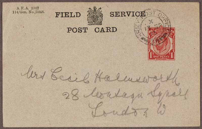 Field service postcard from Captain Henry Telford Maffett, 2nd Battalion, Leinster Regiment, to his sister Emilie Harmsworth, indicating "I am quite well",
