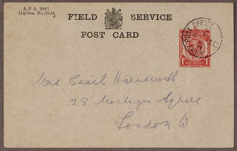 Field Service postcard from Captain Henry Telford Maffett, 2nd Battalion, Leinster Regiment, to his sister Emilie Harmsworth, indicating that "I am quite well",