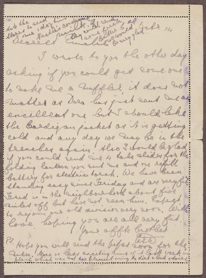 Letter card from Captain Henry Telford Maffett, 2nd Battalion, Leinster Regiment, France, to his sister Emilie Harmsworth, asking for a muffler and cardigan to be sent to him as the weather is getting colder,