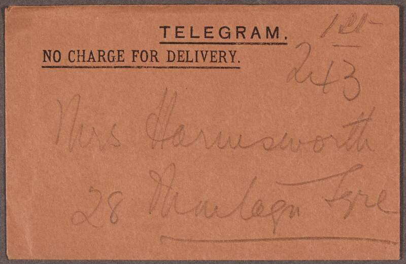 Telegram from the War Office, London, to Emilie Harmsworth informing her that her brother Captain Henry Telford Maffett had been killed in action,