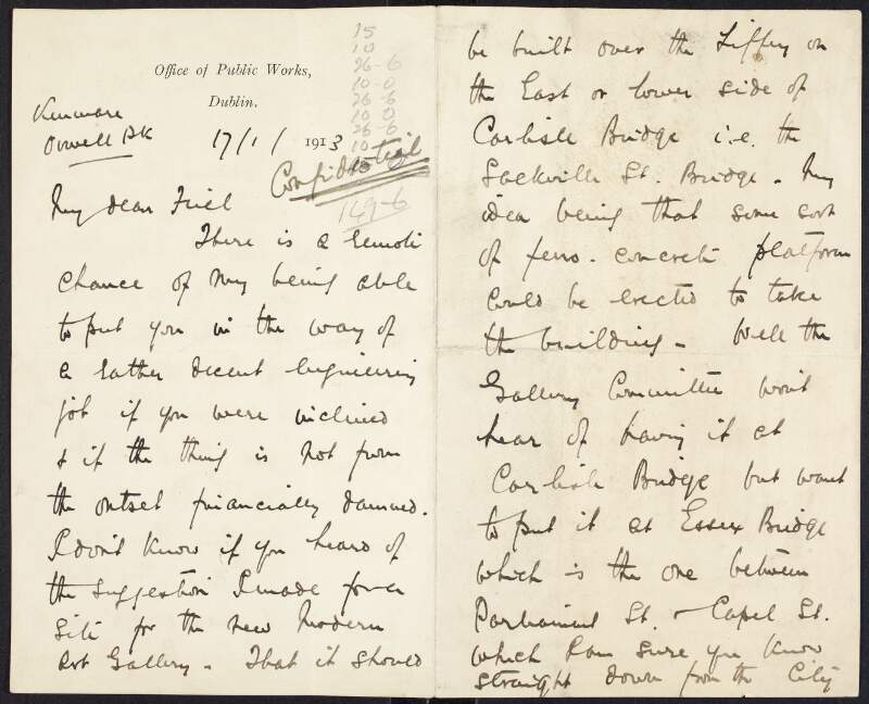 Letter from F. B. Craig [Francis Brownrigg Craig], Office of Public Works, Dublin, to William Friel, informing him of a potential engineering job as there is a proposal to build a new modern art gallery to be built across the Liffey River,