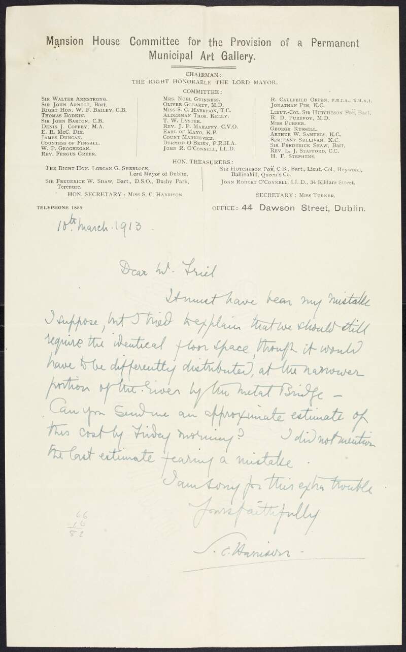 Letter from Sarah Cecilia Harrison, Hon. Secretary, Mansion House Committee for the Provision of a Permanent Municipal Art Gallery, to William Friel, asking him to send a revised estimate,
