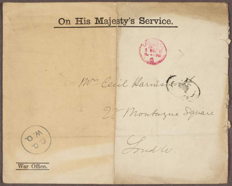 Envelope from the War Office addressed to Mrs. Cecil Harmsworth, containing the letters from Major-General Hans Kretschman to her,