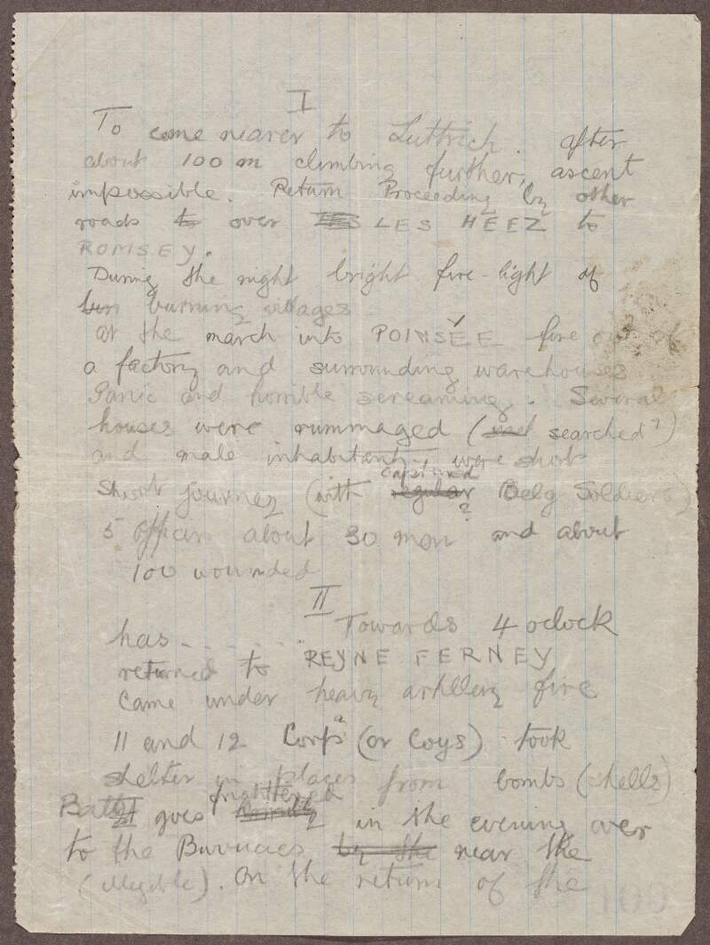 Page from diary by Captain Henry Telford Maffett, 2nd Battalion, Leinster Regiment, giving an account of the fighting and suffering witnessed in Belgium during the Battle of Liege,