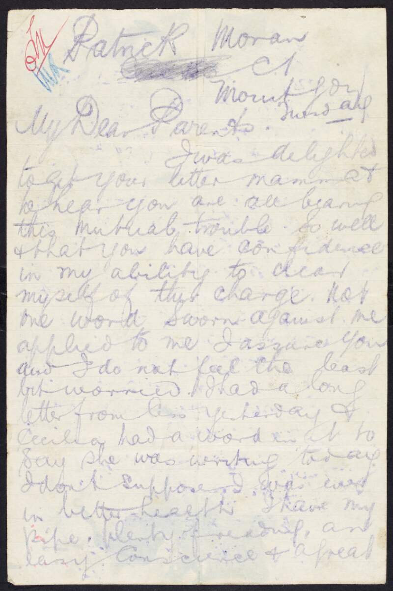 Letter from Patrick Moran, Mountjoy Gaol, Dublin, to his parents Bartholomew and Bridget Moran, thanking them for their letter and their belief in his innocence,