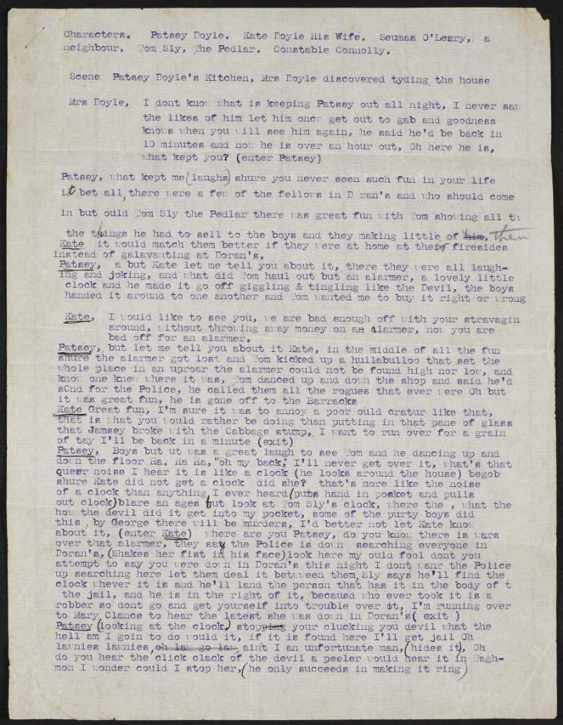 Typescript draft of untitled play or script by Robert Brennan featuring characters Patsey Doyle, Kate Doyle and Seamus O'Leary,