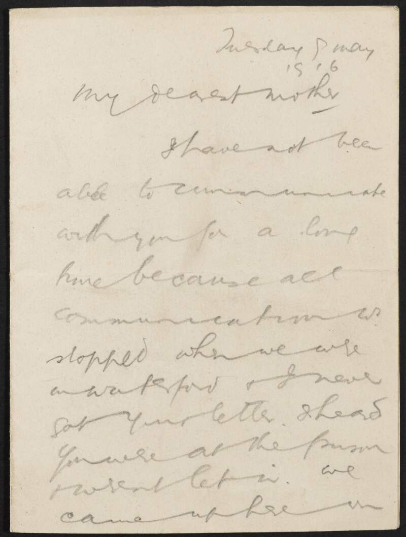 Letter from Robert Brennan to Brigid Brennan, his mother, written from prison after his arrest for his involvement in the Easter Rising in Enniscorthy, County Wexford,