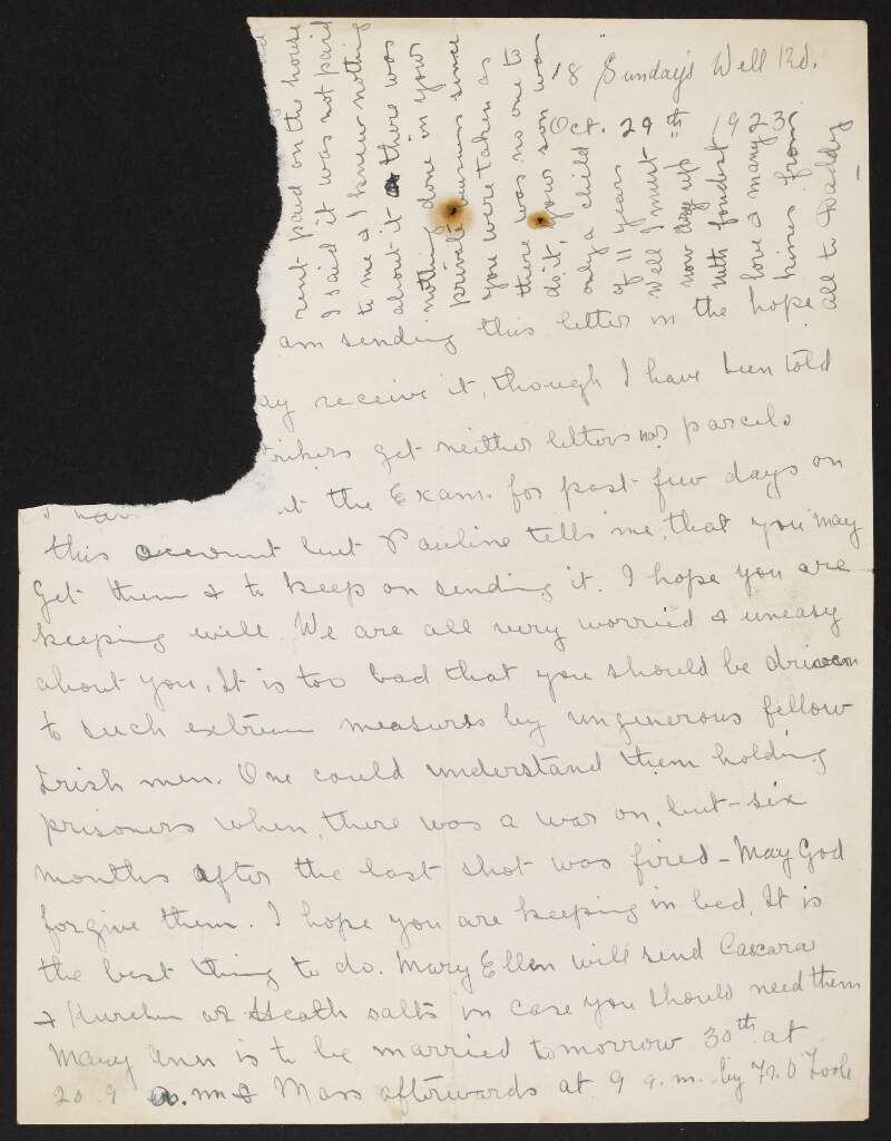 Fragment of letter from Mary Roche to her brother-in-law Fred Cronin at Hare Park Camp (Curragh), Co. Kildare, expressing her anger that he is still being held in prison "six months after the last shot [of the Civil War] was fired",