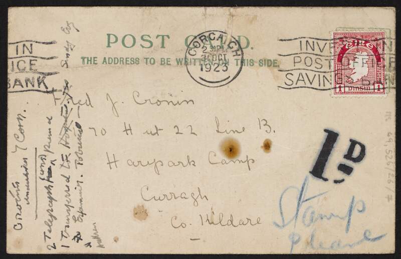 Postcard from Mary Roche to her brother-in-law Fred Cronin at Hare Park Camp (Curragh), Co. Kildare, regarding a family wedding,