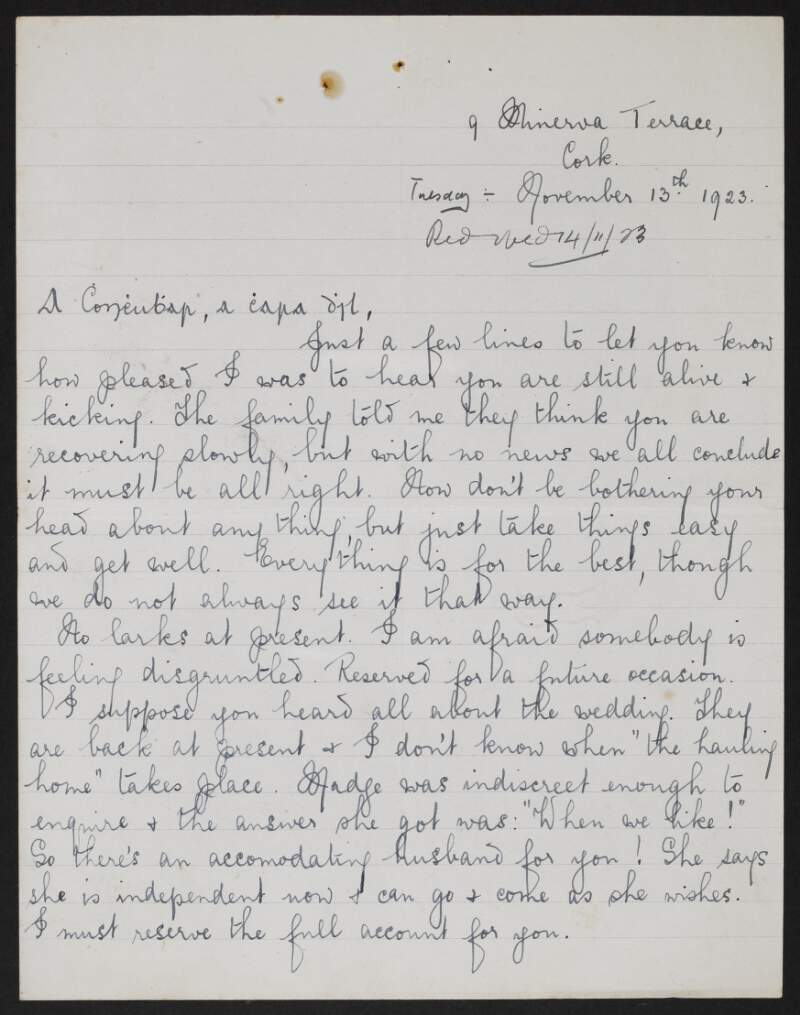 Letter from Pauline Henley to "Conchubhar" Fred Cronin, No. 8 Ward, General Military Hospital, Curragh Camp, Co. Kildare, about his family,
