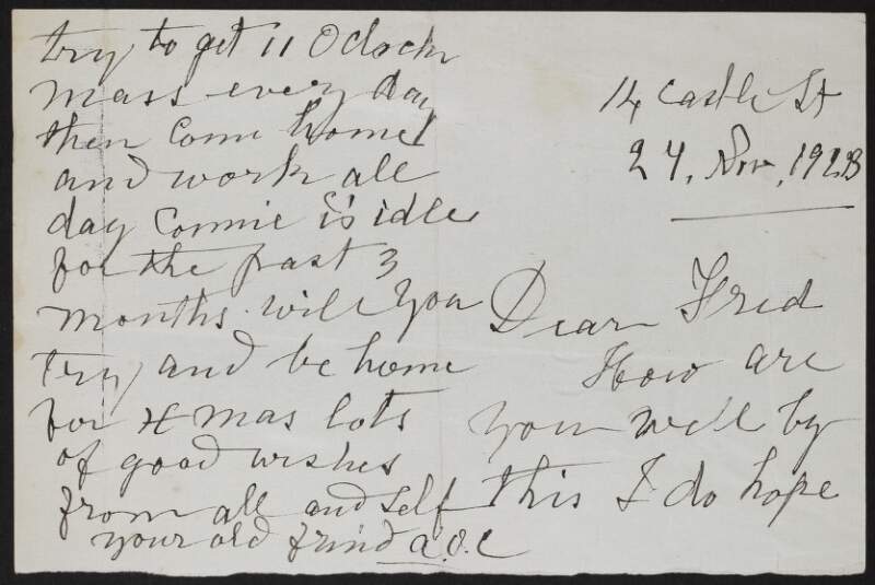 Letter from "A. O'C" [O'Callaghan], 14 Castle Street, [Cork?], to Fred Cronin, Hare Park Camp (Curragh), Co. Kildare,