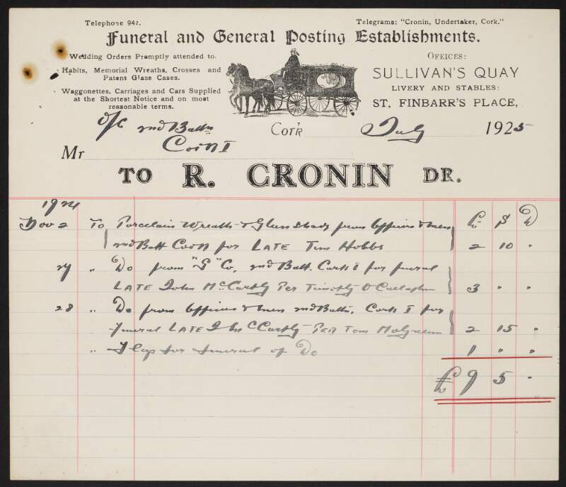 Accounts for funeral expenses for Cork Republicans including Tim Hobbs, John McCarthy, William Healy, Dick Barrett, James Pyne, and others, for various dates in 1924, sent to the Officer in Command of the 2nd Battalion, Cork Brigade I,