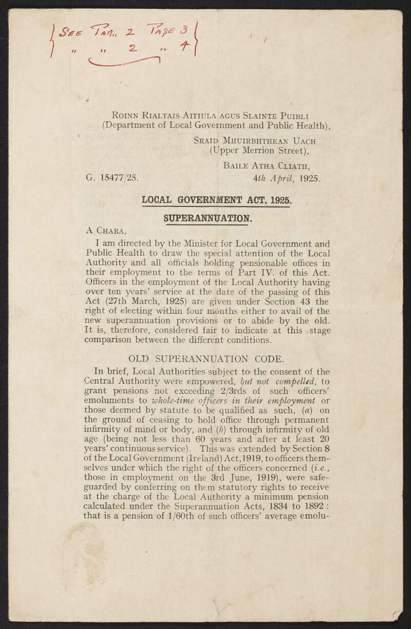 Memorandum 'Local Government Act, 1925. Superannuation' issued by the Department of Local Government and Public Health, to each local authority, with annotations on page 3 regarding Fred Cronin's case,