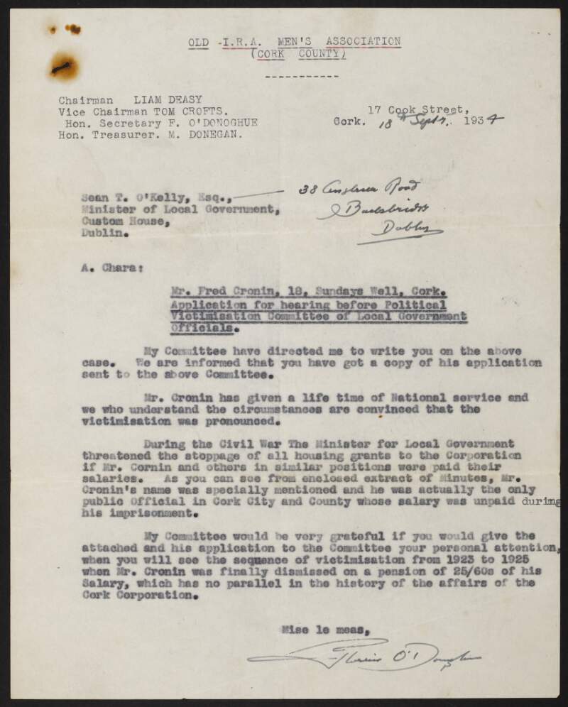 Draft letter from Florence O'Donoghue, Hon. Secretary, Old IRA Men's Association (Cork County), to Sean T. O'Kelly, Minister of Local Government, regarding Fred Cronin's application for hearing before Political Victimisation Committee of Local Government Officials,