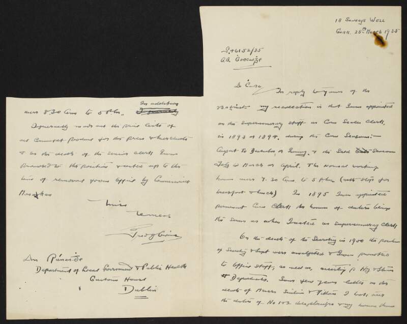 Copy letter from Fred Cronin to John Collins, Secretary, Department of Local Government and Public Health, to Fred Cronin, supplying information on his employment by the Cornmarket Committee,