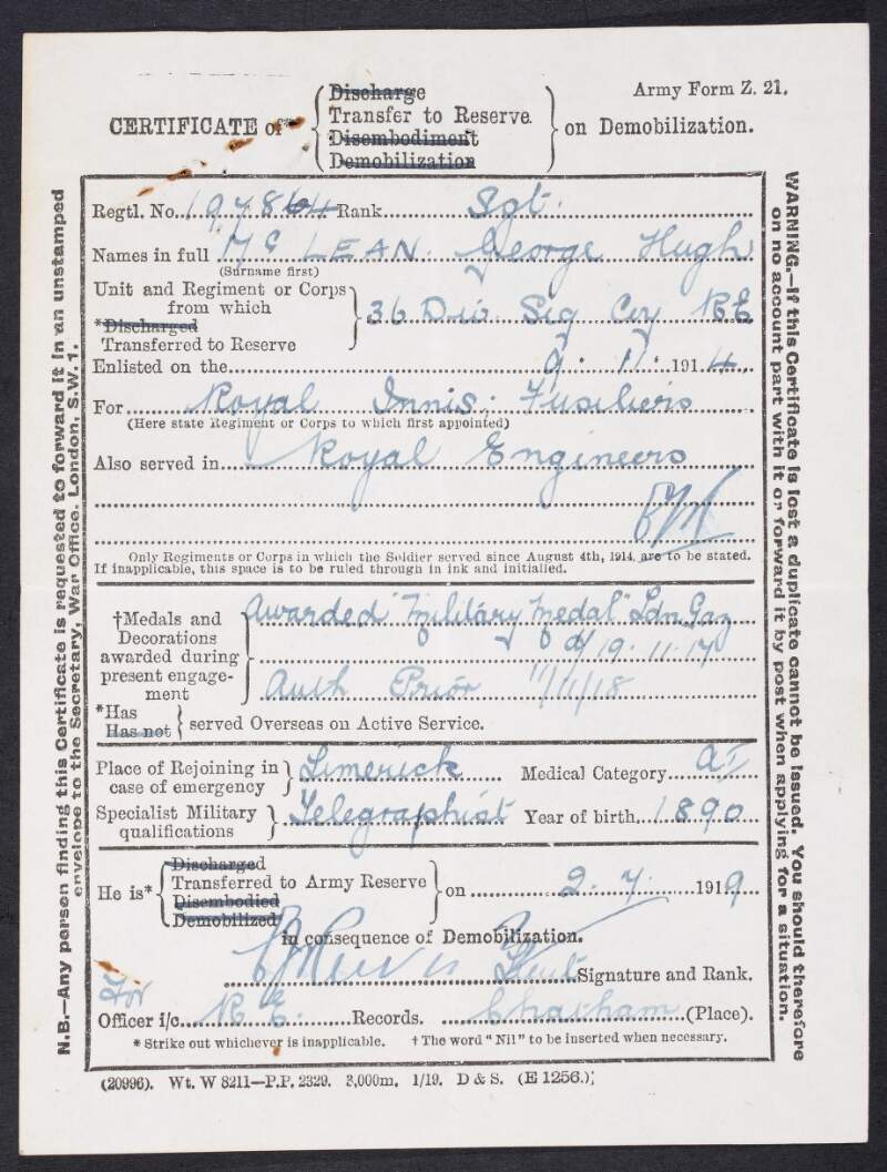 Demobilization certificate issued to Sgt. George McLean,