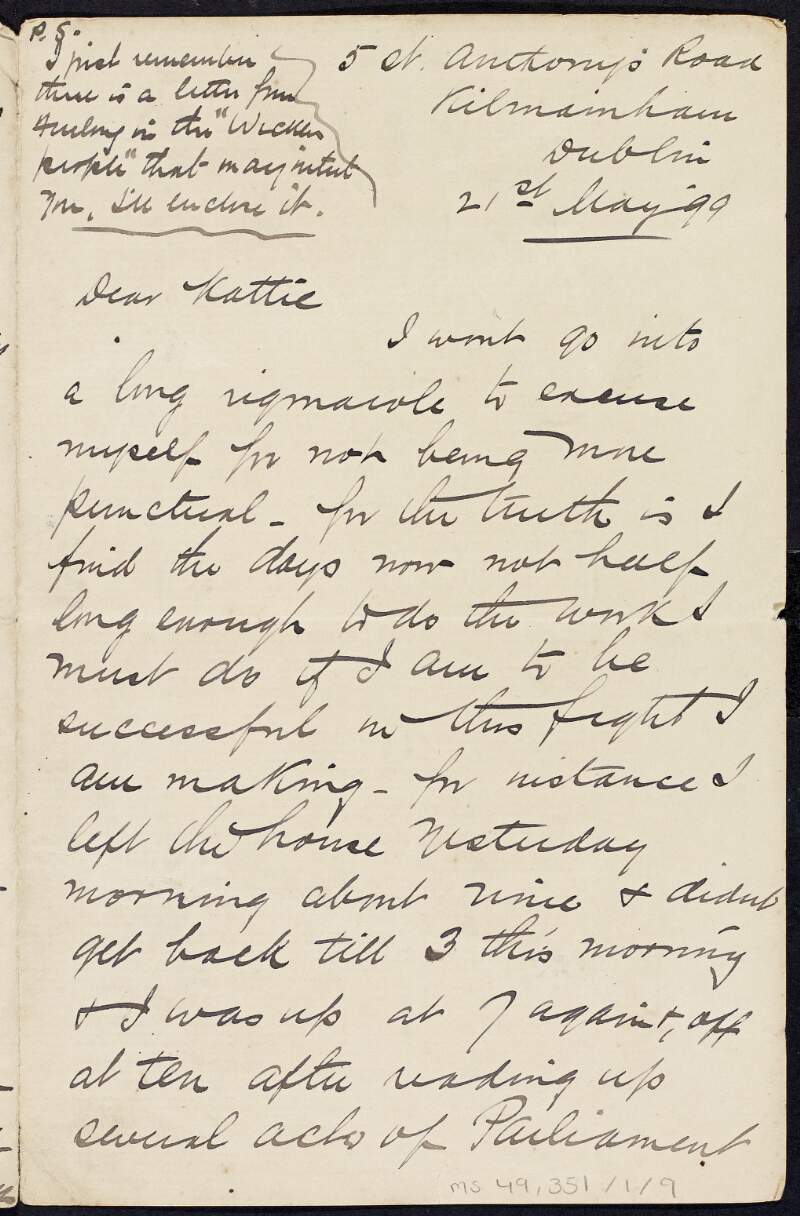 Letter from Tom Clarke to Kathleen Daly describing his efforts to obtain the role of Clerk of the Union ,