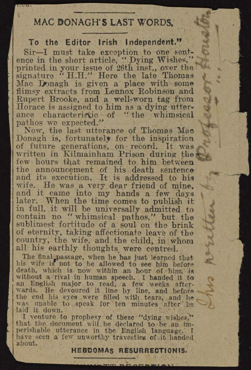 Newspaper cutting of letter to the Editor of 'Irish Independent' regarding Thomas MacDonagh's "Last Words",