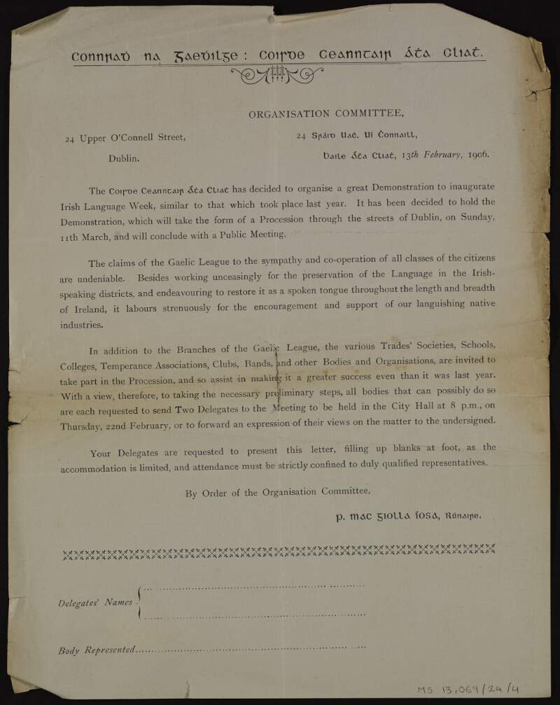 Letter from Gaelic League Organisation Committee announcing demonstration and meeting,
