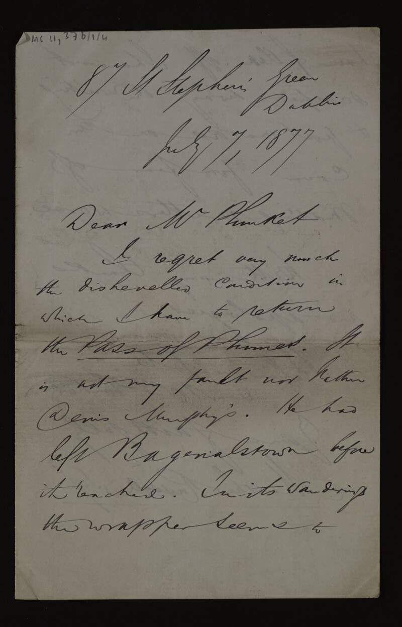 Letter from Matthew Russell [to Mary Josephine Plunkett, Countess Plunkett,] apologising for the dishevelled state of a book he is returning,