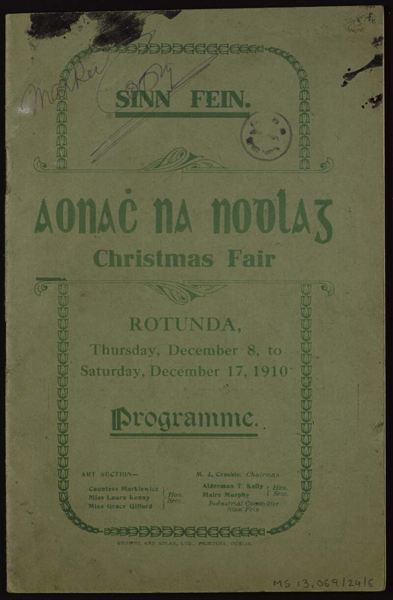 Sinn Féin's 'Aonach na Nodlag' Christmas fair programme and list of exhibitors,