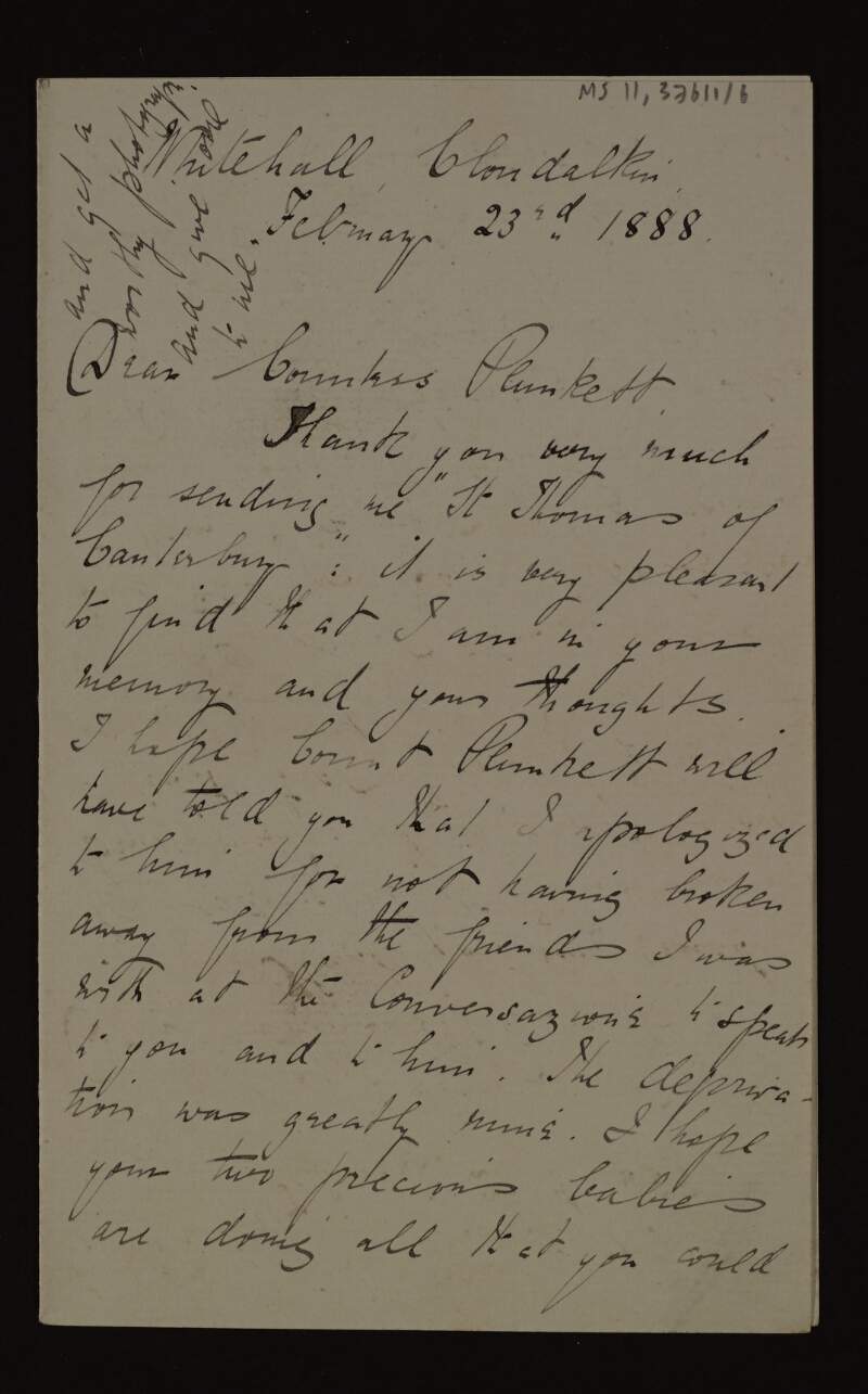 Letter from Katharine Tynan to Mary Josephine Plunkett, Countess Plunkett, to thank her for sending her a book, and mentions how she apologised to George Noble Plunkett, Count Plunkett, for not talking to him at an earlier event,