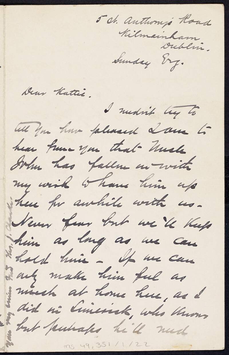 Letter from Tom Clarke to Kathleen Daly regarding a visit from John Daly and describing a country walk ,
