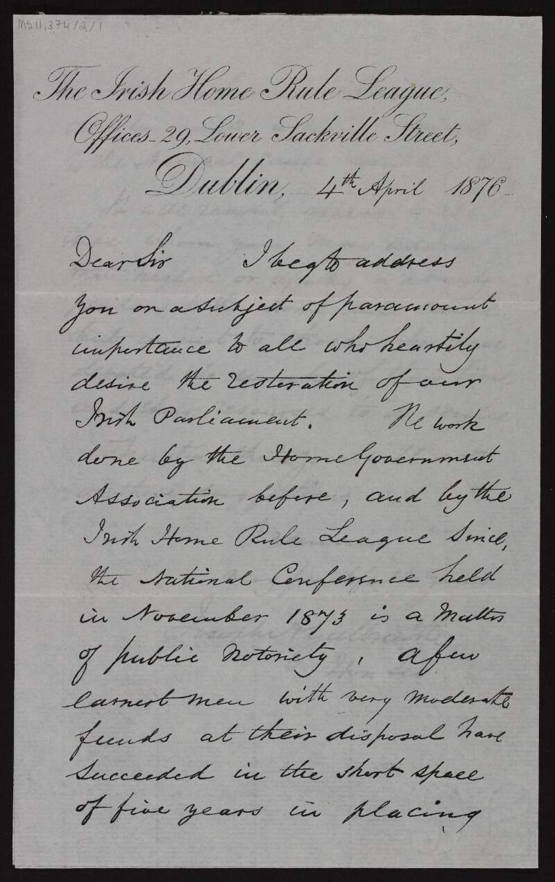 Letter from Joseph Galbraith to unidentified recipient reminding him or her, as a member of the Irish Home Rule League, of their duties in supporting Home Rule,