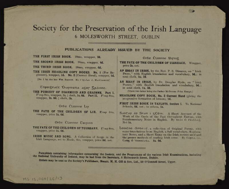 List of publications issued by the Society for the Preservation of the Irish Language,
