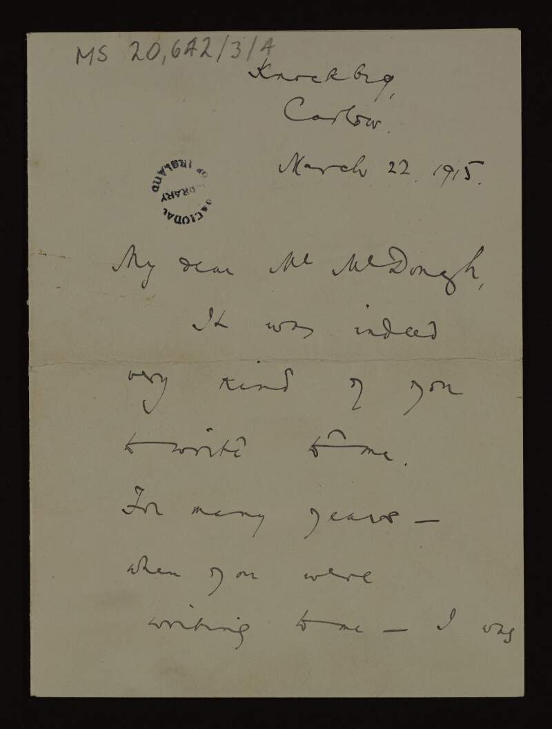 Letter from William A. Byrne to Thomas MacDonagh expressing his desire to move to another school,