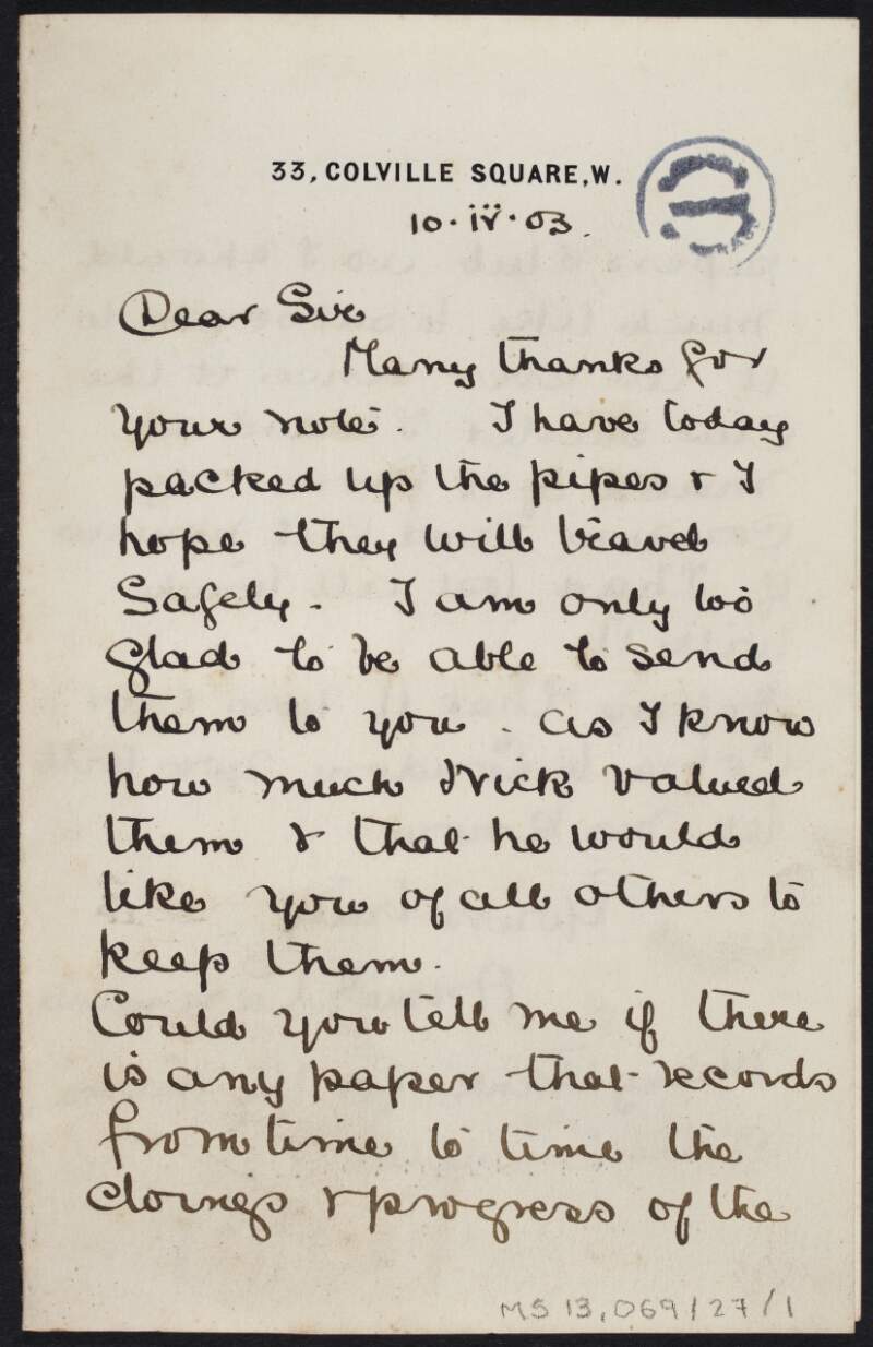 Letter from Annie G. Cummins to Éamonn Ceannt concerning pipes,