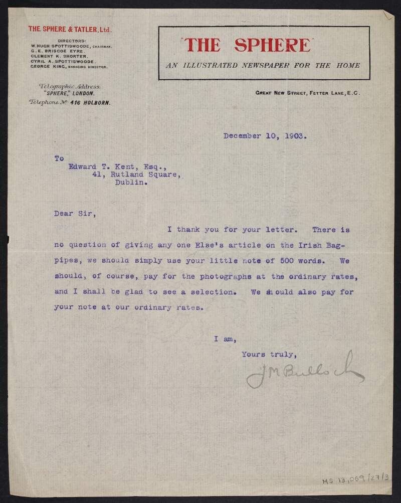 Letter from J.M. Bullock to Éamonn Ceannt regarding publication in 'The Sphere',