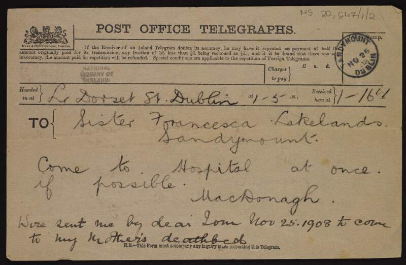 Telegram from Thomas MacDonagh to Mary MacDonagh, Sister Francesca requesting her presence at the hospital to visit her mother,