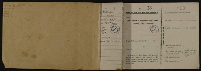 Messenger receipt book for secure communications in the Irish Volunteers postage service used by Director of Communications,