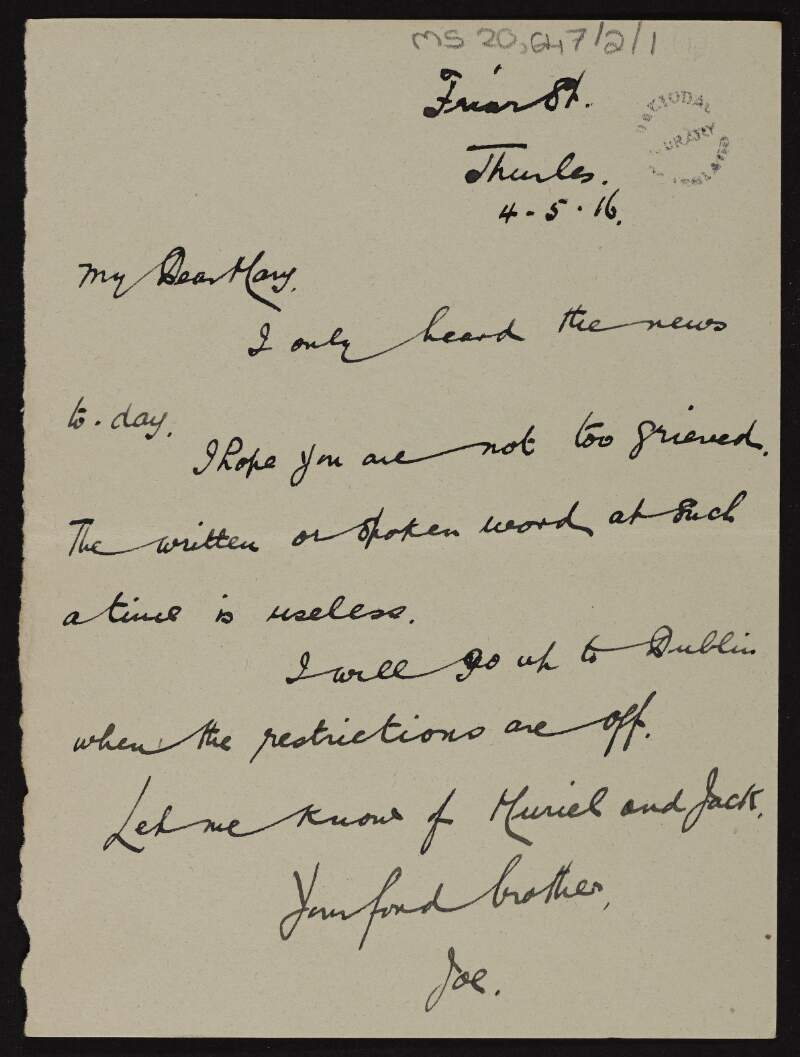 Letter from Joseph MacDonagh to Mary MacDonagh, Sister Francesca, subsequent to Thomas MacDonagh's execution,