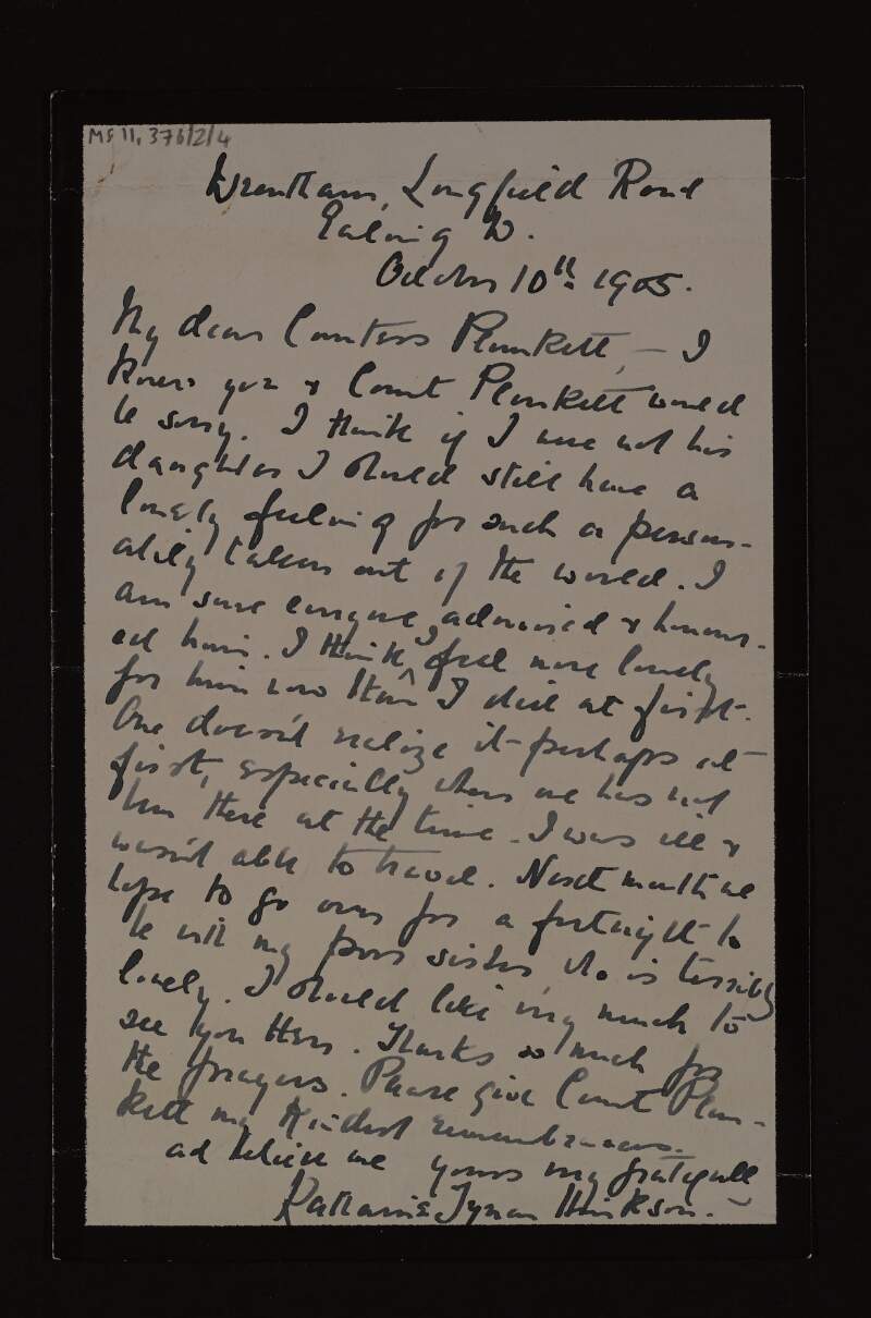 Letter from Katharine Tynan to Mary Josephine Plunkett, Countess Plunkett,