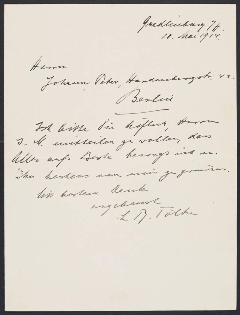 Letter to Herren Johann Peter [Joseph Mary Plunkett], Berlin, from unidentified person, Guedlinburg, Germany,