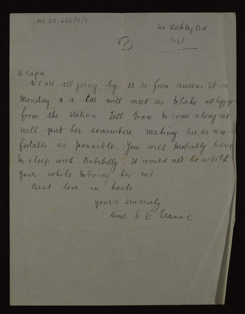 Letter to Thomas MacDonagh from Aine Ceannt about going on a trip,