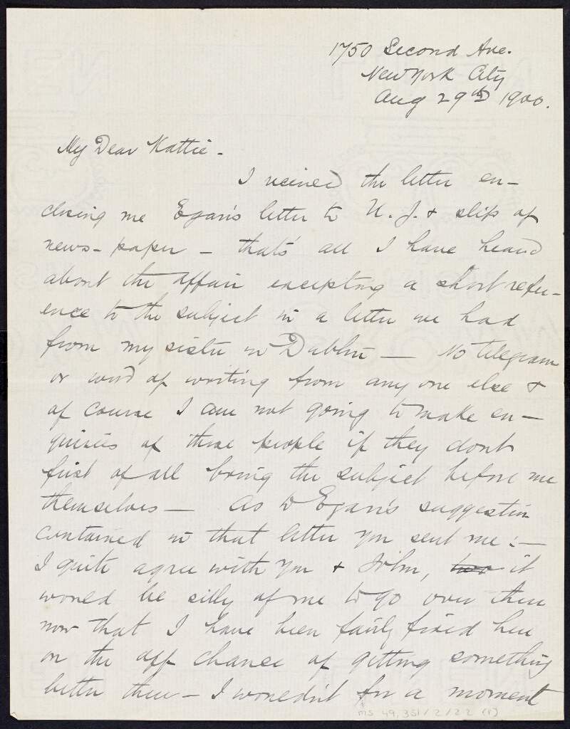 Letter from Tom Clarke to Kathleen Daly regarding a position in Dublin,
