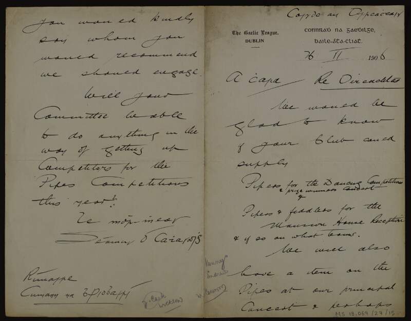 Letter from Séamus Ó Cathasaigh, secretary of the Gaelic League (Dublin) to Éamonn Ceannt regarding the Gaelic League music competitions,