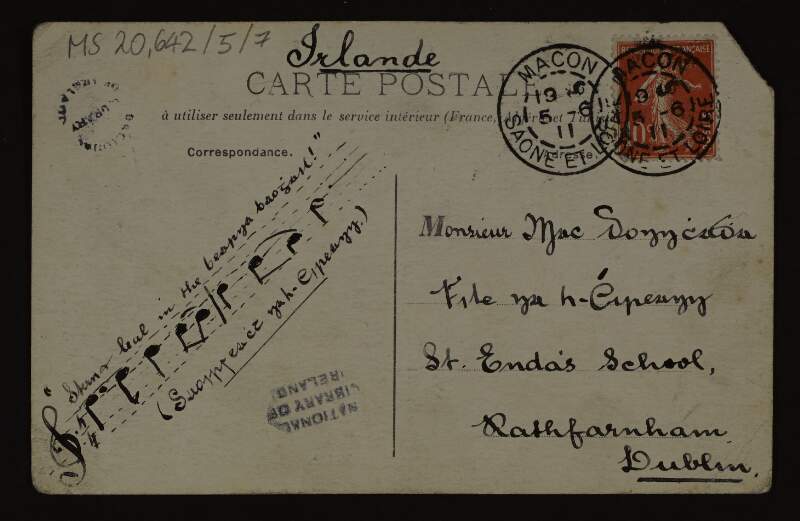 Postcard from unidentified author to Thomas MacDonagh holidaying in France,