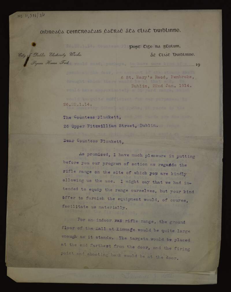 Letter from Laurence J. Kettle to Mary Josephine Plunkett, Countess Plunkett, about the rifle training on her property that he has planned,