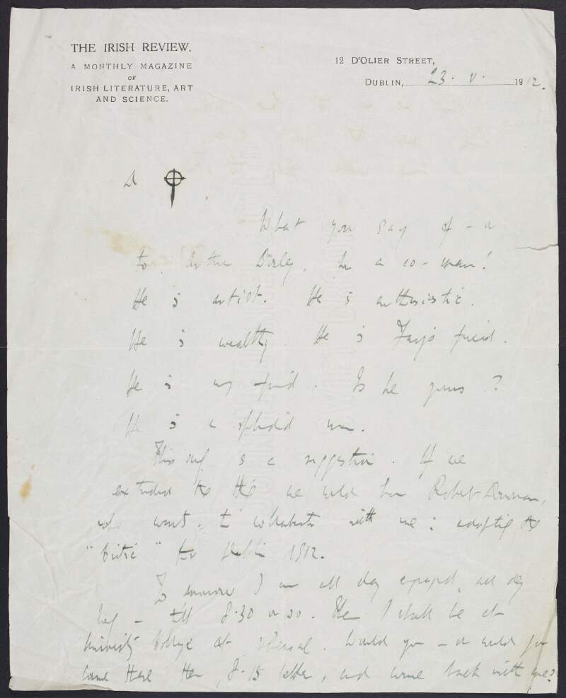 Letter from Thomas MacDonagh to Joseph Mary Plunkett regarding a friend of MacDonagh and requesting to meet Plunkett,